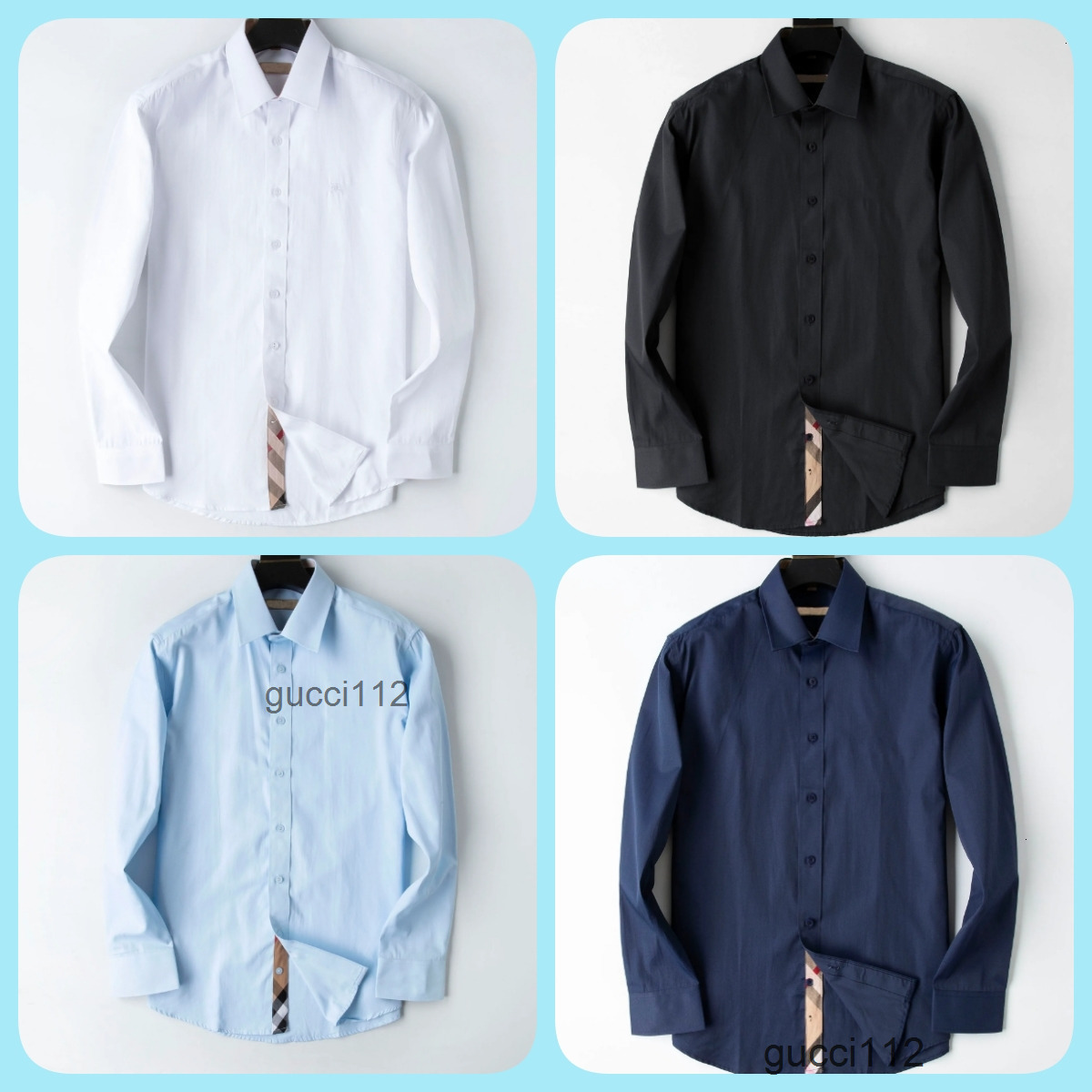 new Mens Dress Shirt Luxury Slim Silk T-shirt Long sleeve Casual business clothing plaid brand 4 color MLXL2XL3XL4XL burberrys2 Burberrys burbberys FPQI