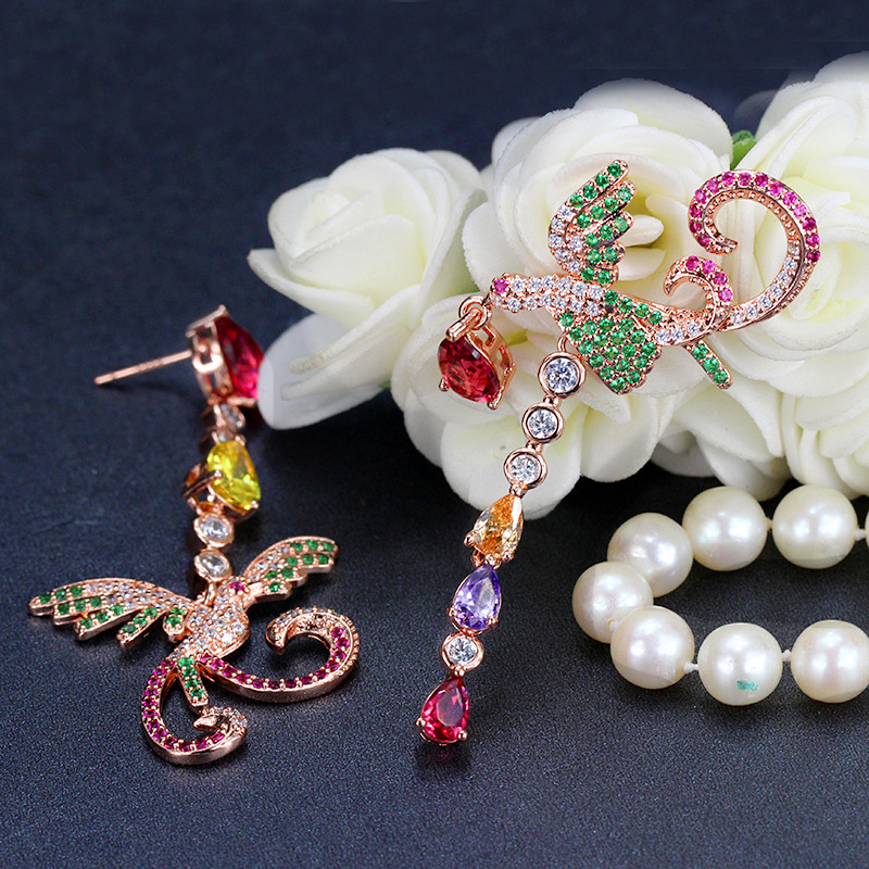 18K Gold Plated Phoenix Drop Earring Asymmetry Wedding Dangle Earrings Jewelry Bling Full Colorful Cubic Zirconia Women Girl Gift