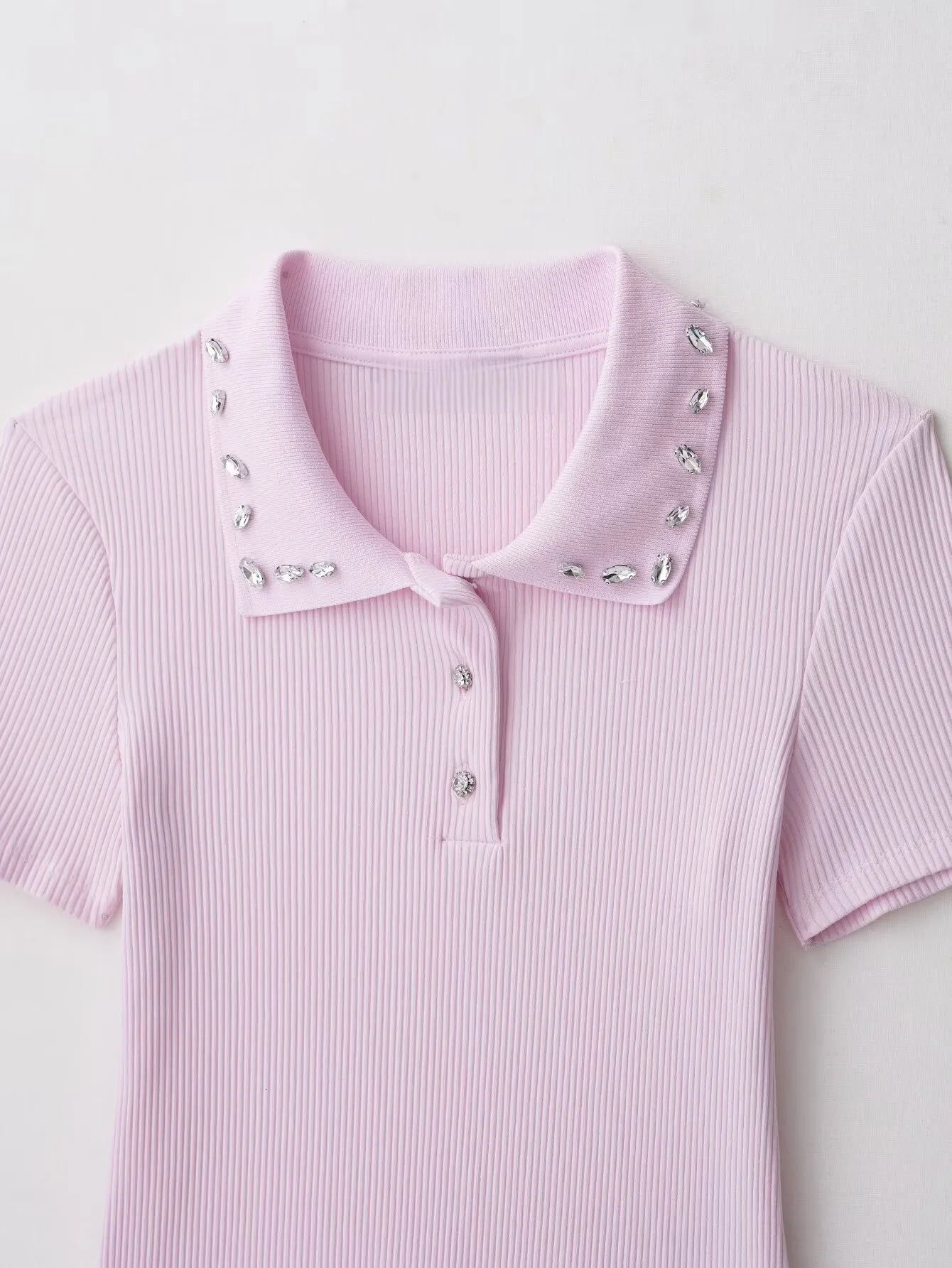 2025 Summer Products Womens Temperament Commuter Lapel Slim Jewelry Neck Ribbed POLO Shirt 260109