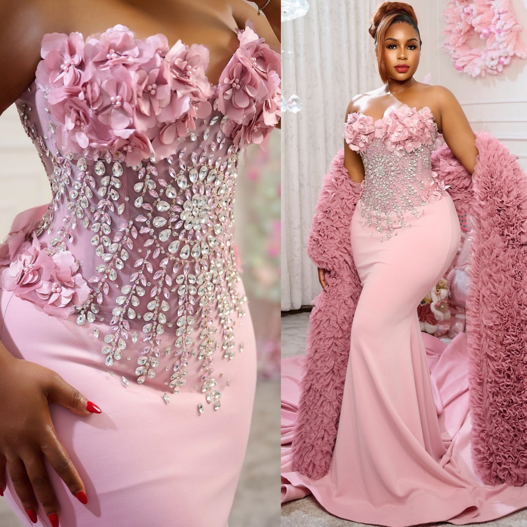 Aso Ebi Blush Pink Mermaid Prom Dresses 2026 Flowers Crystals Satin Evening Formal Party Second Birthday Engagement Gowns Dress For Special Occasions