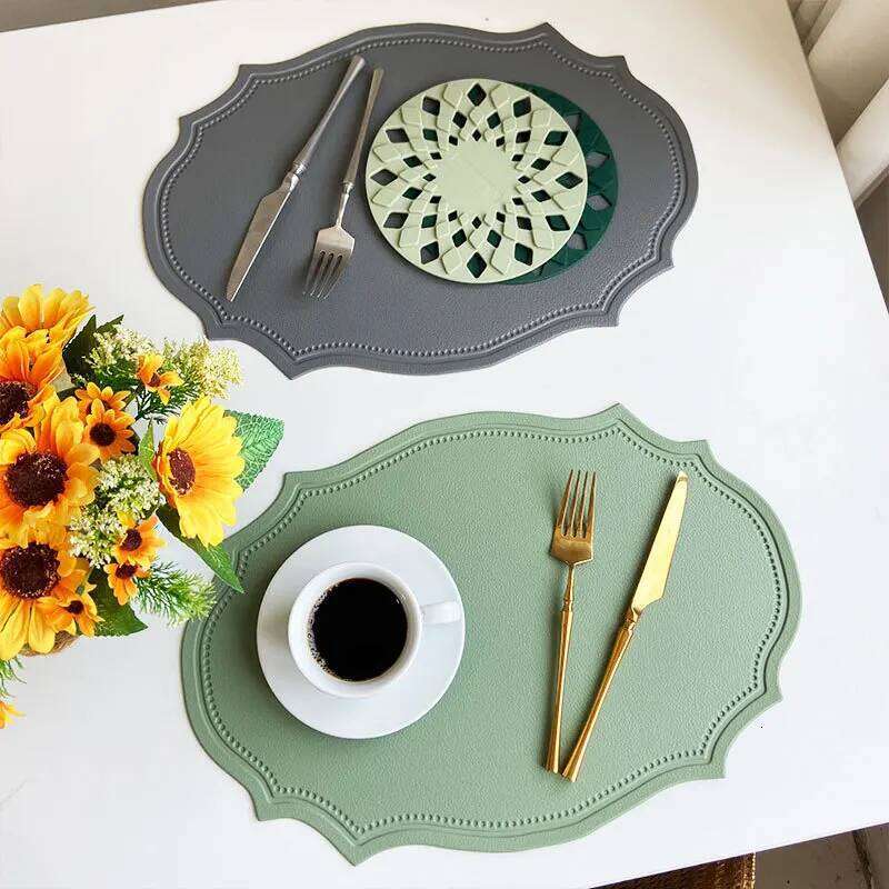 Placemat set with faux leather material for kitchen dining tables, luxurious placemats, tableware, coffee shop mats, dining table mats, green, beige, 