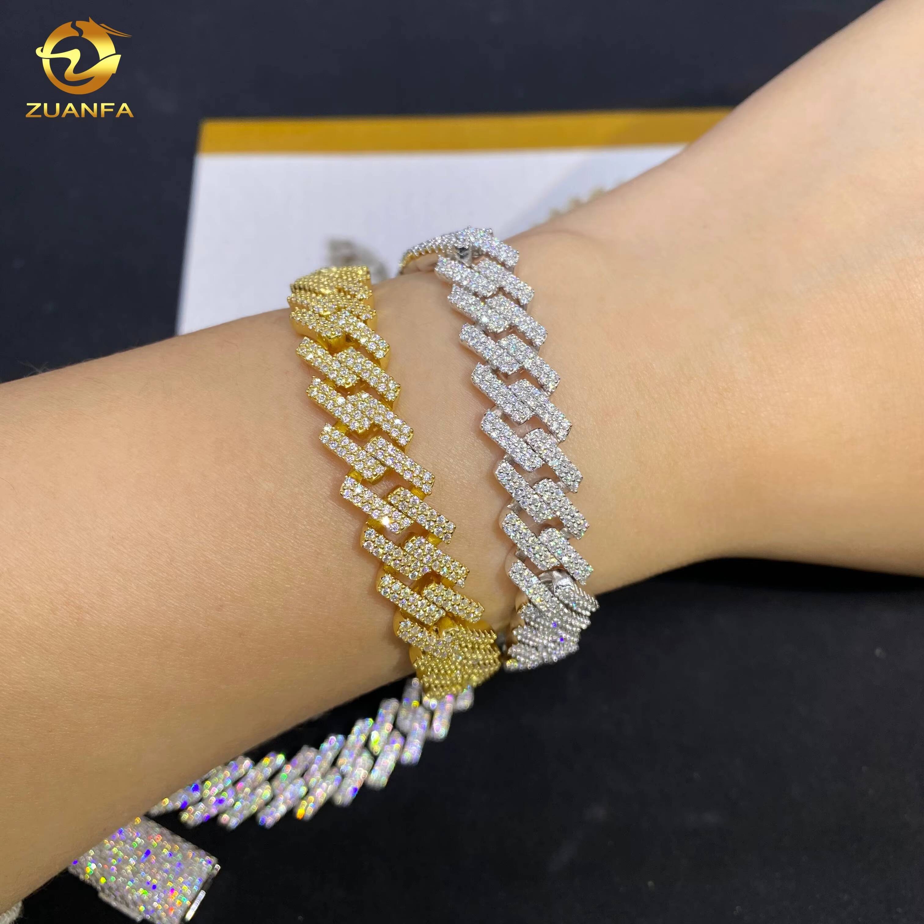 High Quality Gold Plated 10mm 2Row Iced Out Hip Hop Jewelry Miami Cuban Bracelet 925 Silver VVS Moissanite Diamond Necklace