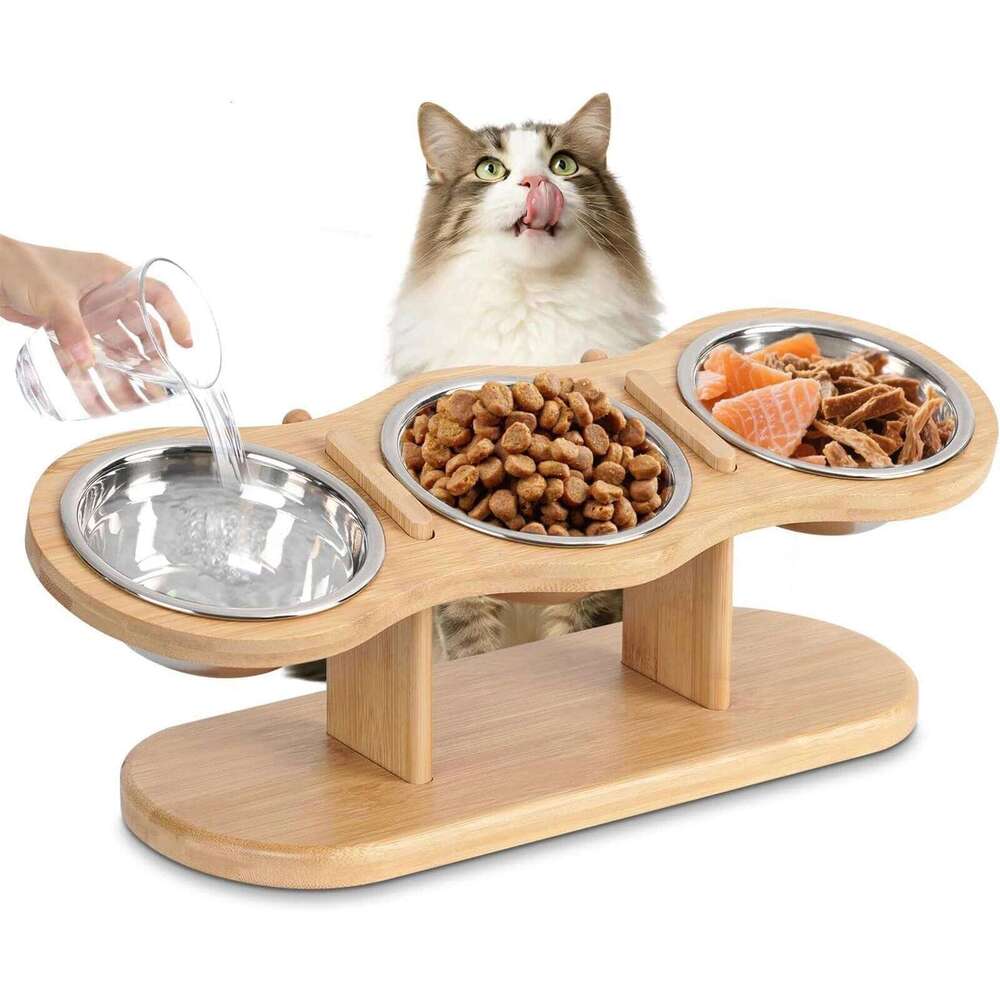 Elevated Cat Raised Wood Stand Feeder with 3 Stainless Steel Bowls Feeding & Watering Supplies for Puppy Cats Accessories 26W0113