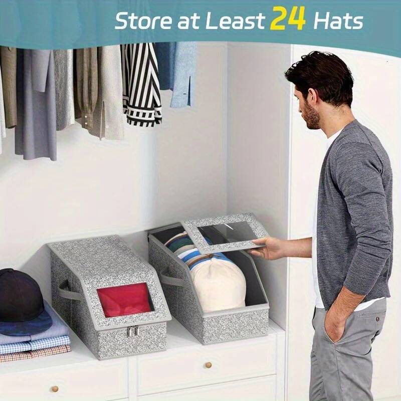Stackable Baseball Cap Organizer Boxes-Large Capacity,Foldable Fabric Storage Boxe with Clear Lid&Metal Handles for Clothes,Hats ddmysept
