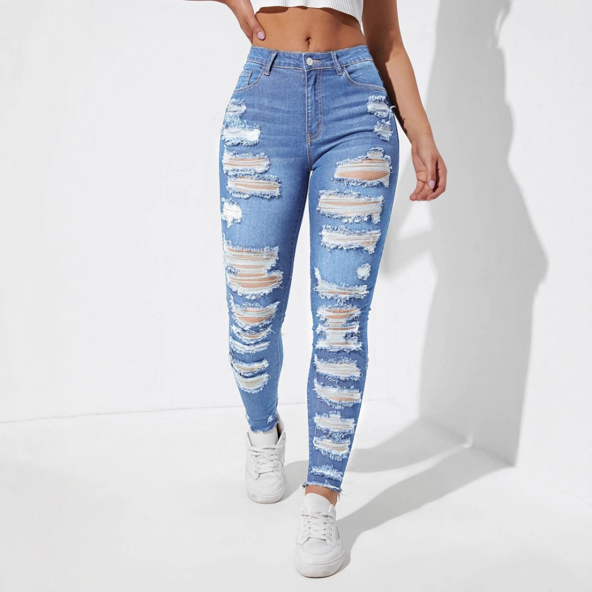 New Distressed High Waisted and Small Foot Multi Buttonhole Jeans for Women's Clothing