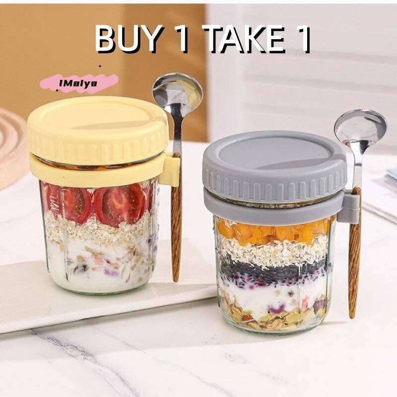 1/2Pcs 350ml Reusable Glass Overnight Oats Jar with Spoon Oatmeal Container Food Storage Organizer for Breakfast