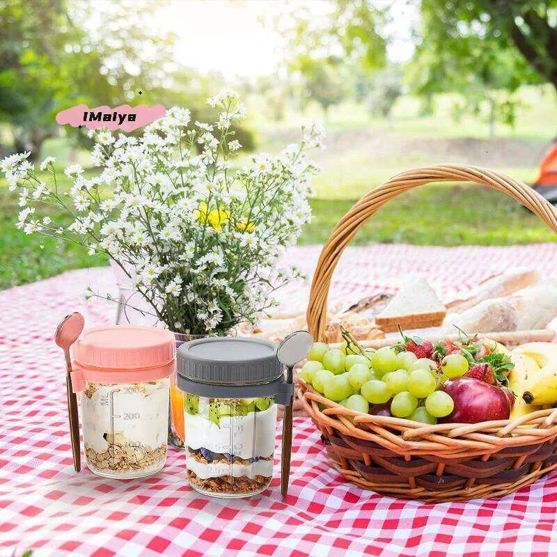 1/2Pcs 350ml Reusable Glass Overnight Oats Jar with Spoon Oatmeal Container Food Storage Organizer for Breakfast