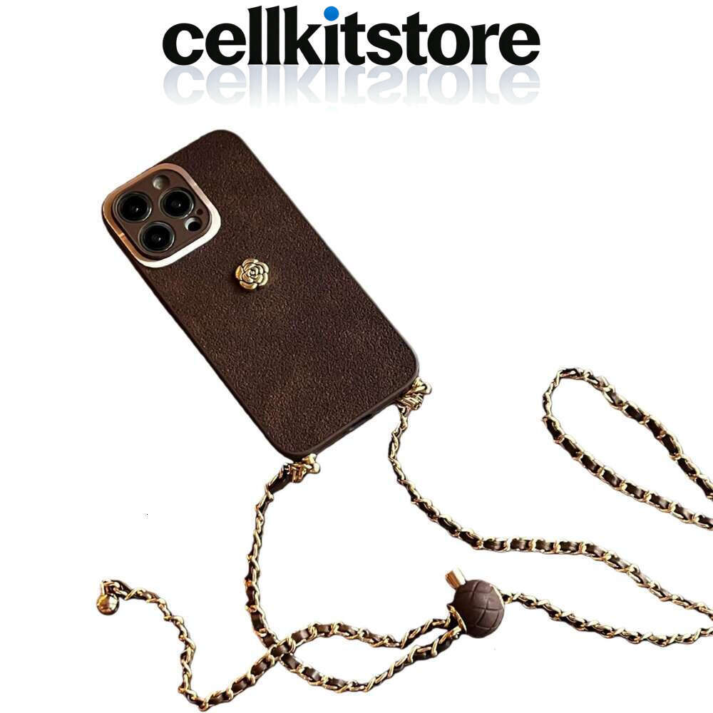 Brown Suede iPhone Case with Camellia Emblem & Crossbody Gold Chain, Premium Protective Cover Compatible with iPhone 17 Pro Max/16/15 Pro Max/13