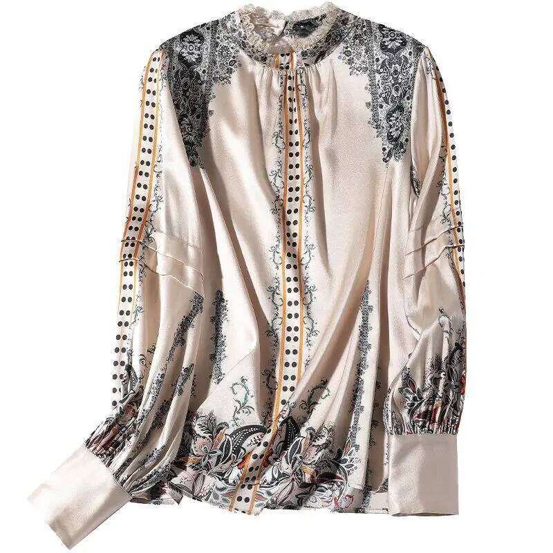 Silk Luxury Brand Shirts Lace Collar Long Sleeve Vintage Office Lady Blouse Print Women Clothing LEEGO LENS