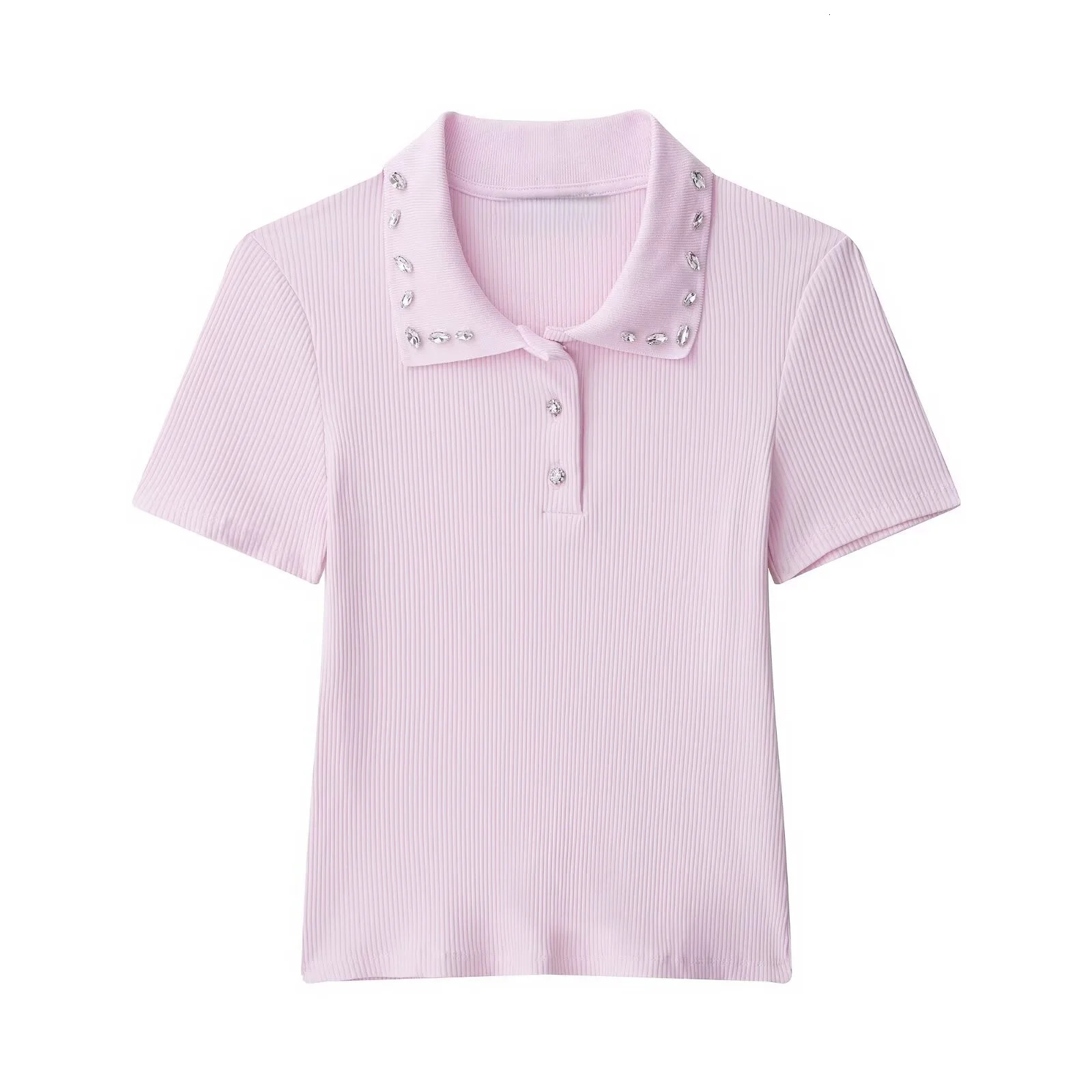 2025 Summer Products Womens Temperament Commuter Lapel Slim Jewelry Neck Ribbed POLO Shirt 260109