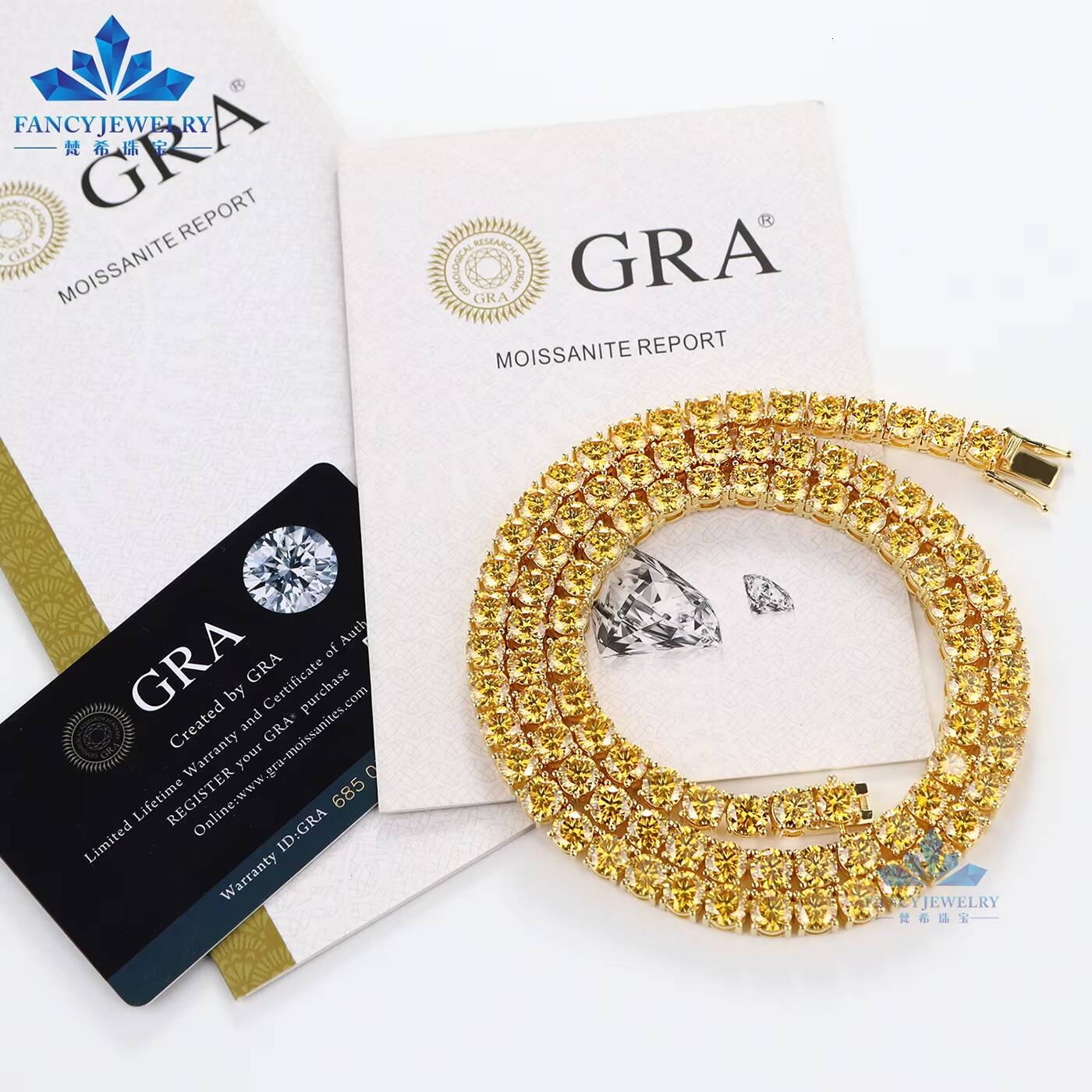 Wholesale Price Yellow Color Moissanite Tennis Chain 925 Silver K Gold Plated 3mm-65mm Sizes Womens Tennis Necklace