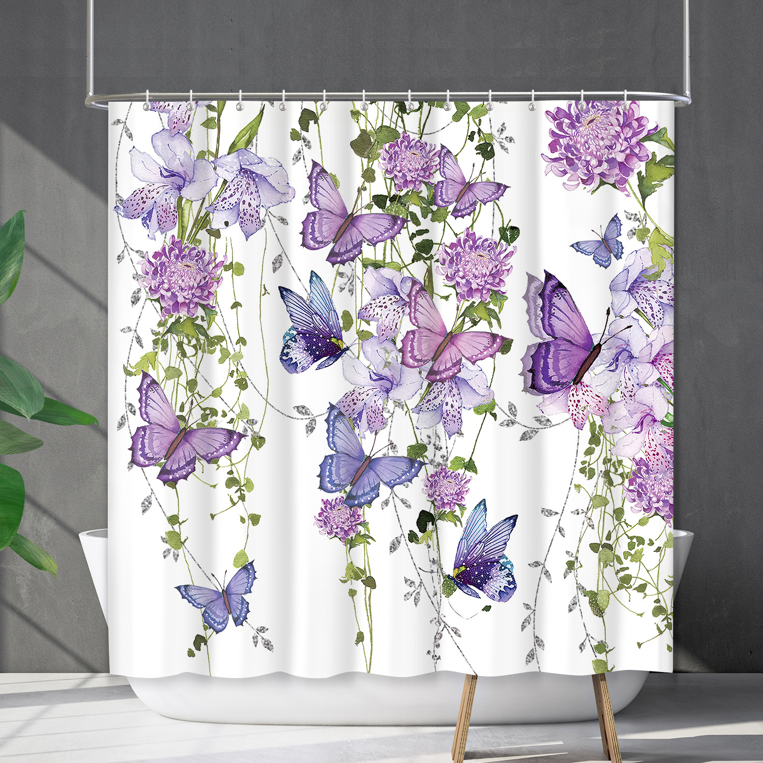 YL-38166 Waterproof Shower Curtain Set with Floral Designs, Flowers, Plants, and Butterflies - No Drill Required