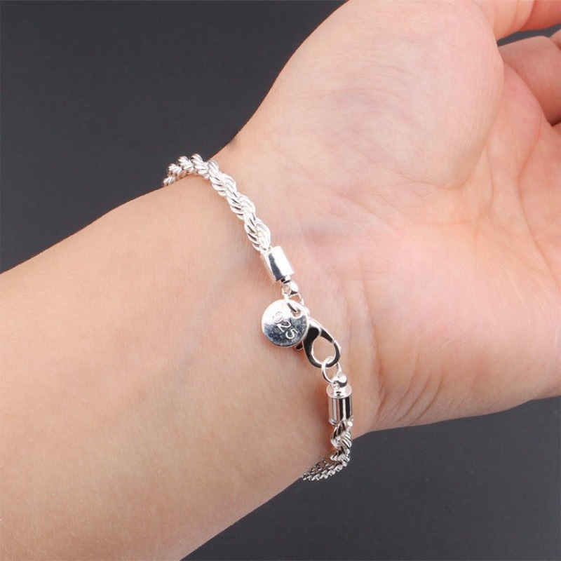 Fashion Jewelry Fried Dough Twists Bracelet Jewelry Silver Plated 4MM Twinkle Rope Bracelet Birthday Gift for Men and Women