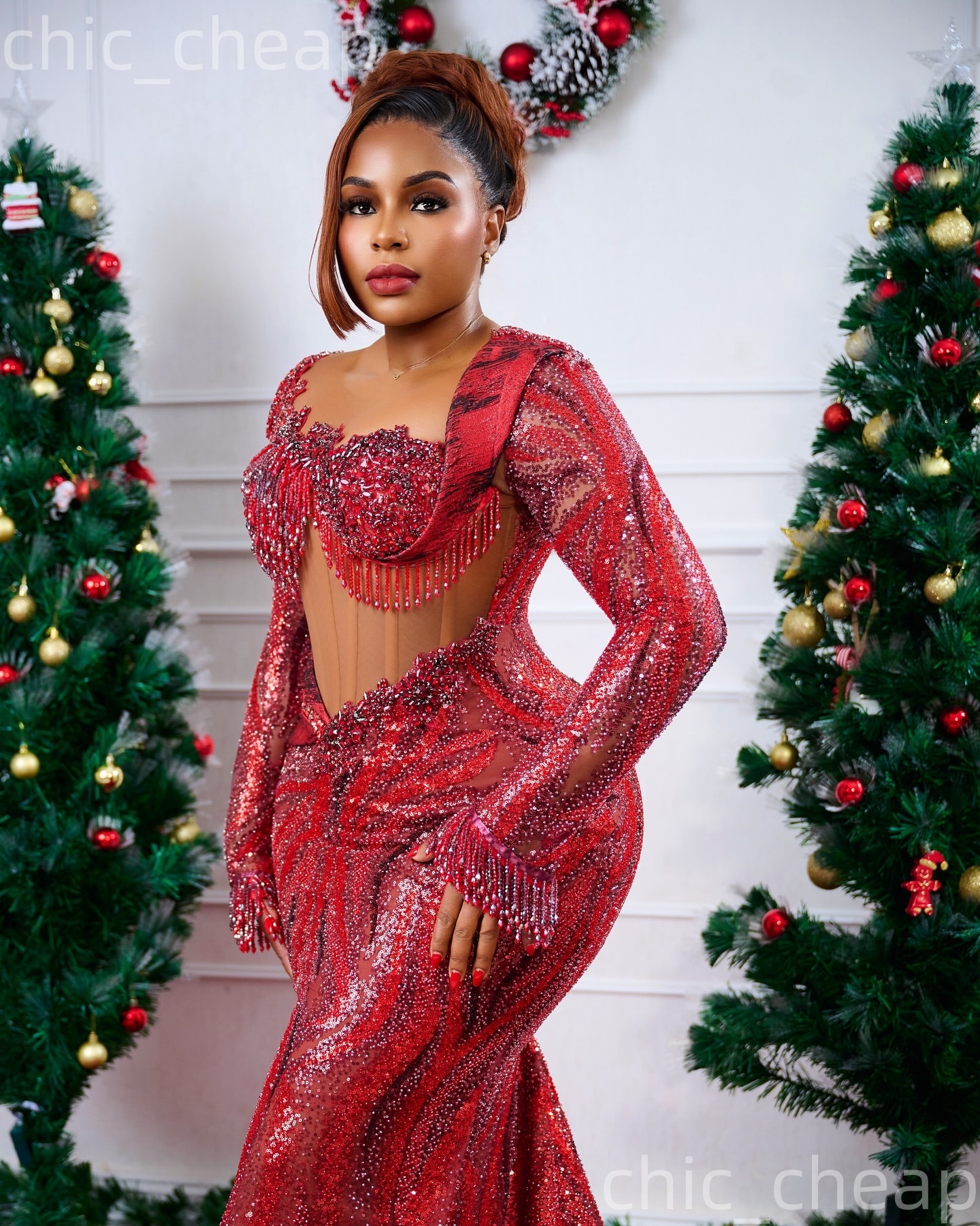 Aso Ebi Dark Red Mermaid Prom Dresses 2026 Beaded Crystals Sequined Tassels Evening Formal Party Second Birthday Engagement Gowns Dress For Special Oc