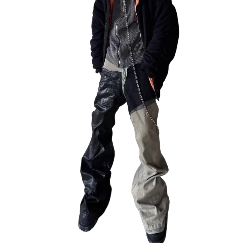 Men's Jeans--American High-Street RO-Style Flared Jeans, Patchwork Waxed Distressed Loose Floor-Length Pants---CJ001