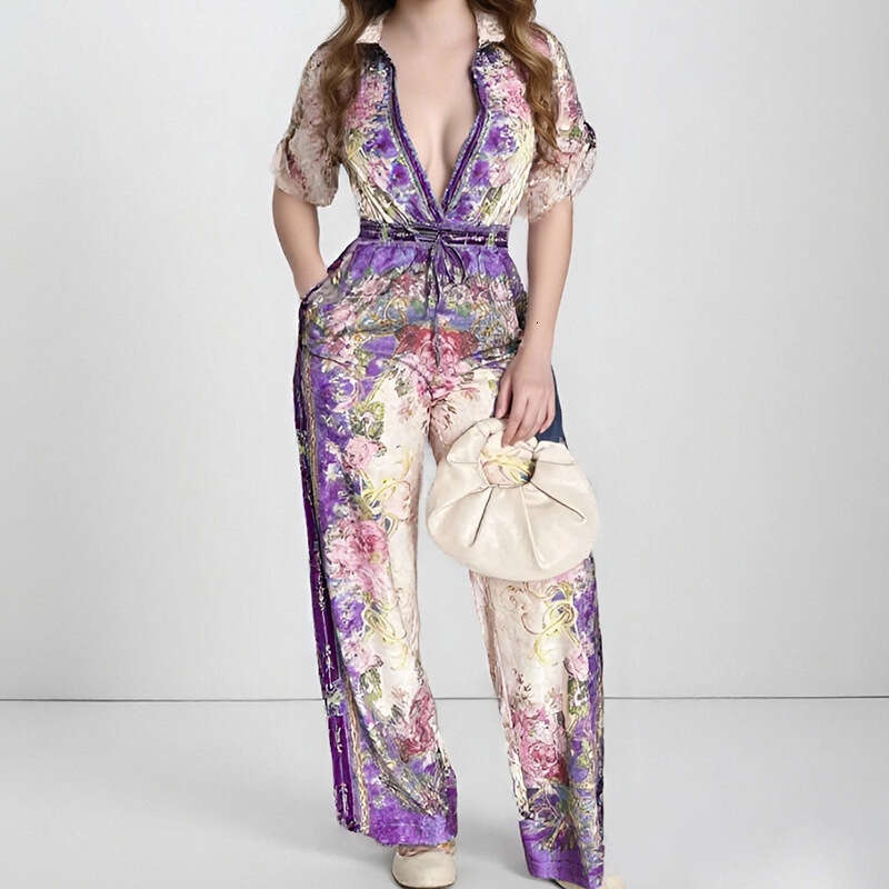 2026 Spring New European and American Elegant Sexy V-Neck Vintage Floral Print Jumpsuit