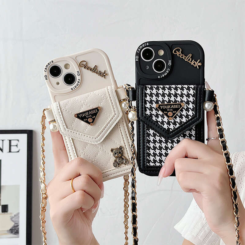 Crossbody iPhone Case with Coin Purse & Card Holder, Houndstooth Leather Design with Bear Emblem & Triangle Logo, Compatible with iPhone 17 Pro Max/16