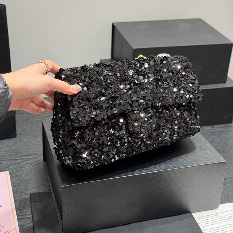 TOP Shiny Evening Bag Two-tone Sequins Decoration Gold Hardware Matelasse Chain Leather Flap Designer Medium Shoulder Bags Handbag Phone Holder Wallet 25cm