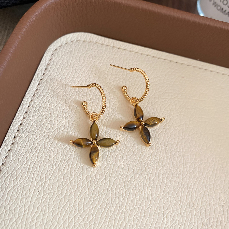 Real Gold Plated Tiger Eye Stone C-shaped Flower Melad Retro Elegant Versatile Earrings Light Luxury Niche Ear Jewelry - view 3