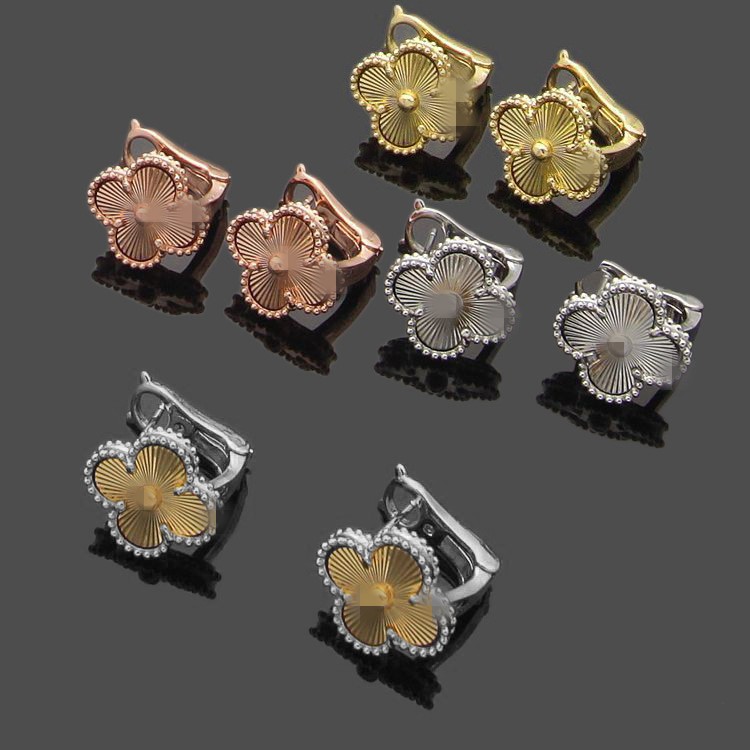 Branded logo engrave 15mm flower hoop stud earrings 18K gold rose silver four leaf clover designer wedding party Jewelry Women girl gift
