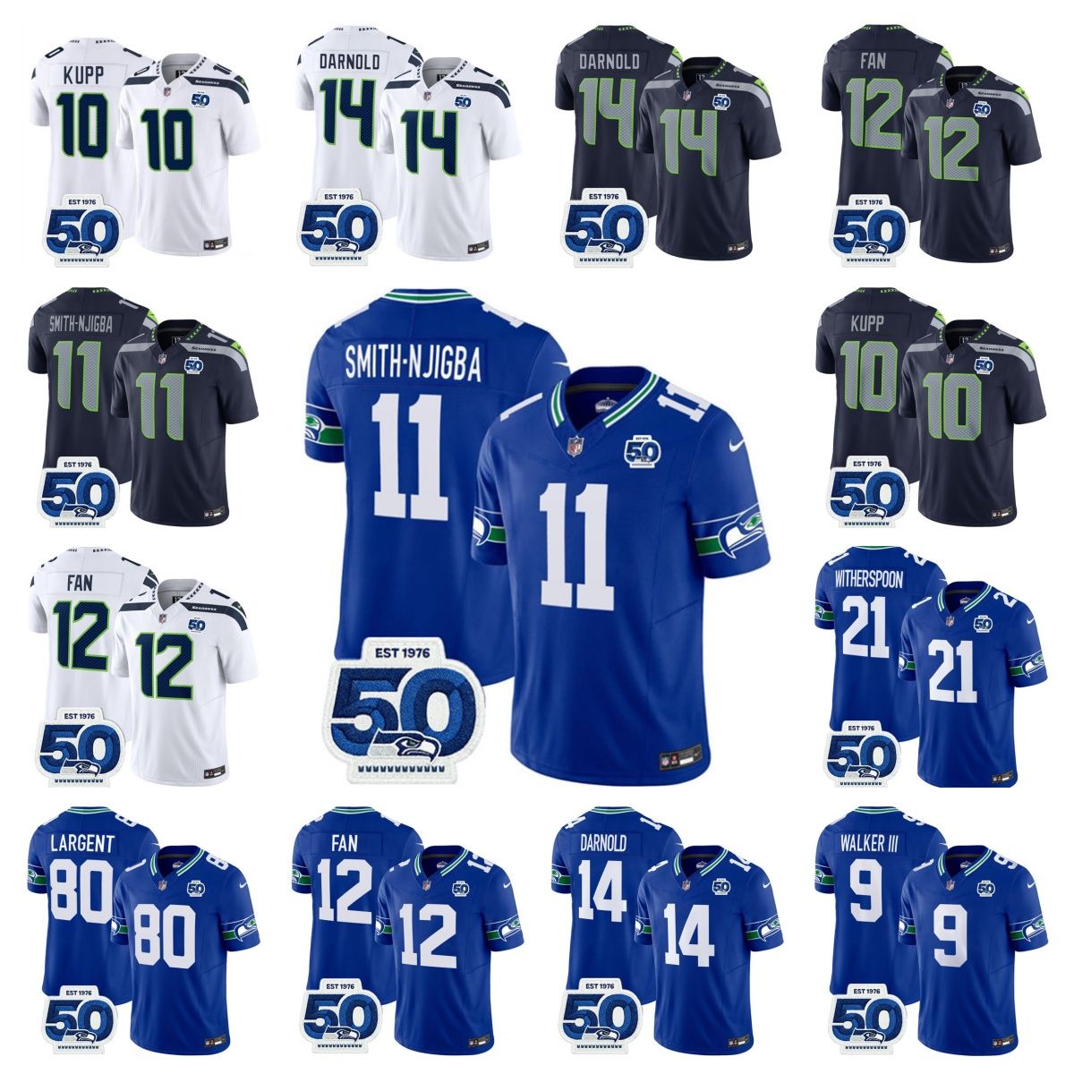 50th Anniversary Patch Grey Zabel Geno Smith Zach Charbonnet 14 Sam Darnold Jaxon Smith-Njigba Devon Witherspoon Cooper Kupp Football Seahawks Jersey