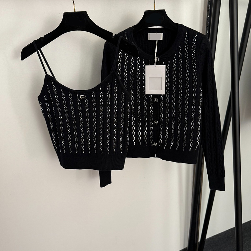 Designer Rhinestones Knit Cardigan Sling Vest Set Women Stylish Shiny Sweater Jacket Cropped Knitted Camisoles Top Elegant Knits Outfits
