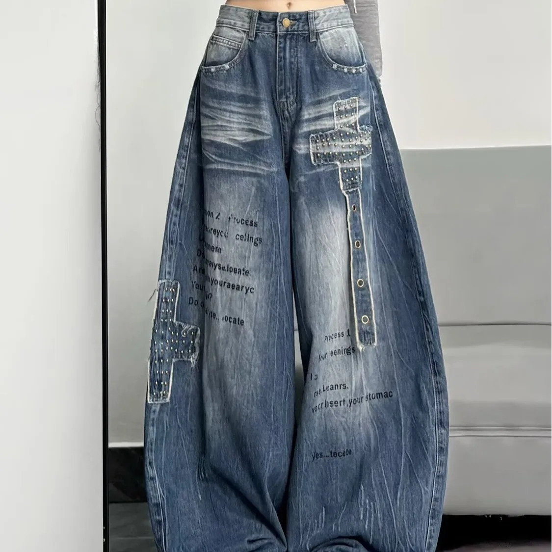 American high street floor embroidered denim retro womens autumn waisted loose wide leg pants Y2K straight 260113 - view 7