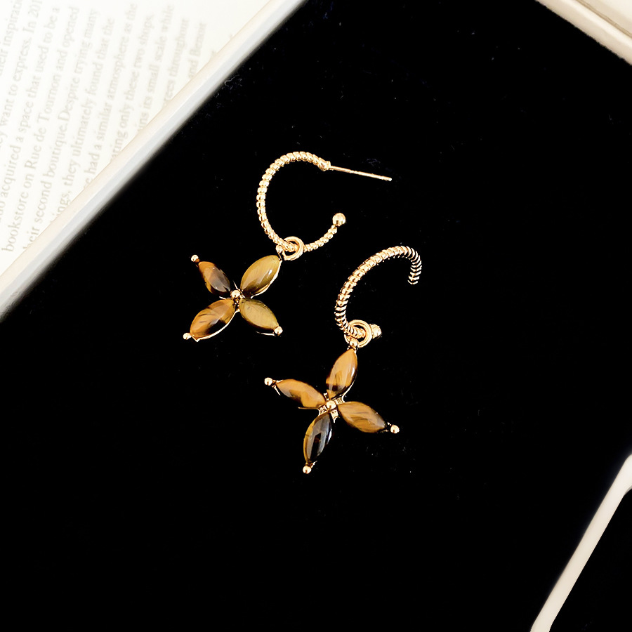 Real Gold Plated Tiger Eye Stone C-shaped Flower Melad Retro Elegant Versatile Earrings Light Luxury Niche Ear Jewelry - view 7