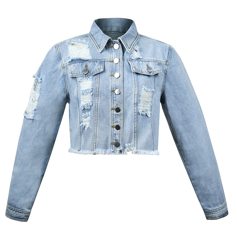 Women's Jackets---Button Washed Ripped Fringe Denim Top, Stylish Women's Casual Denim Shirt---1115