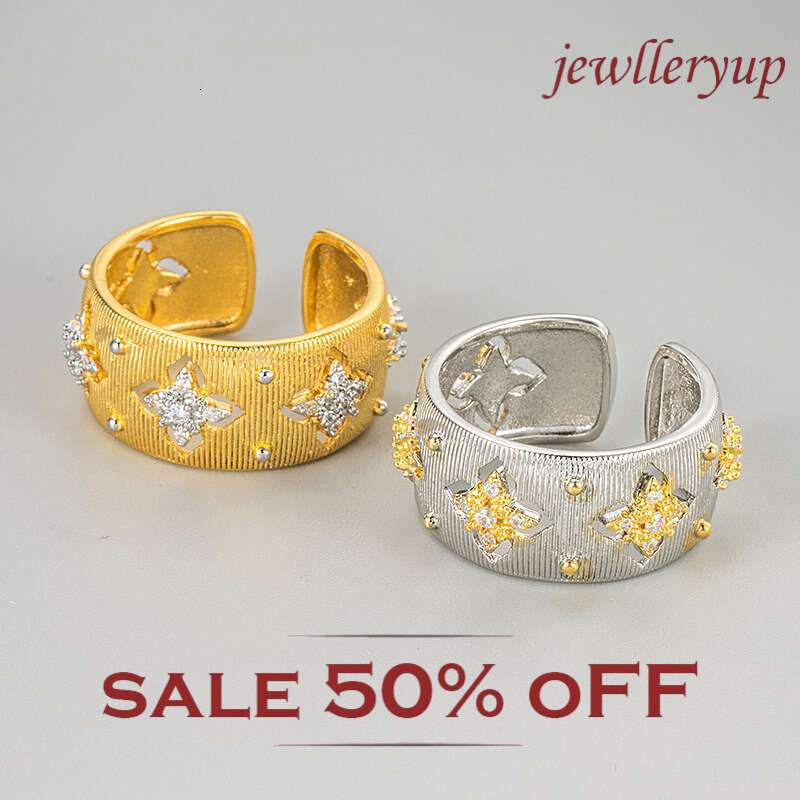 Ring Four-leaf Clover Two-tone Zircon Ring Italian Handcrafted Brushed Court Style Light Luxury Ring for Women Daily Office Wear