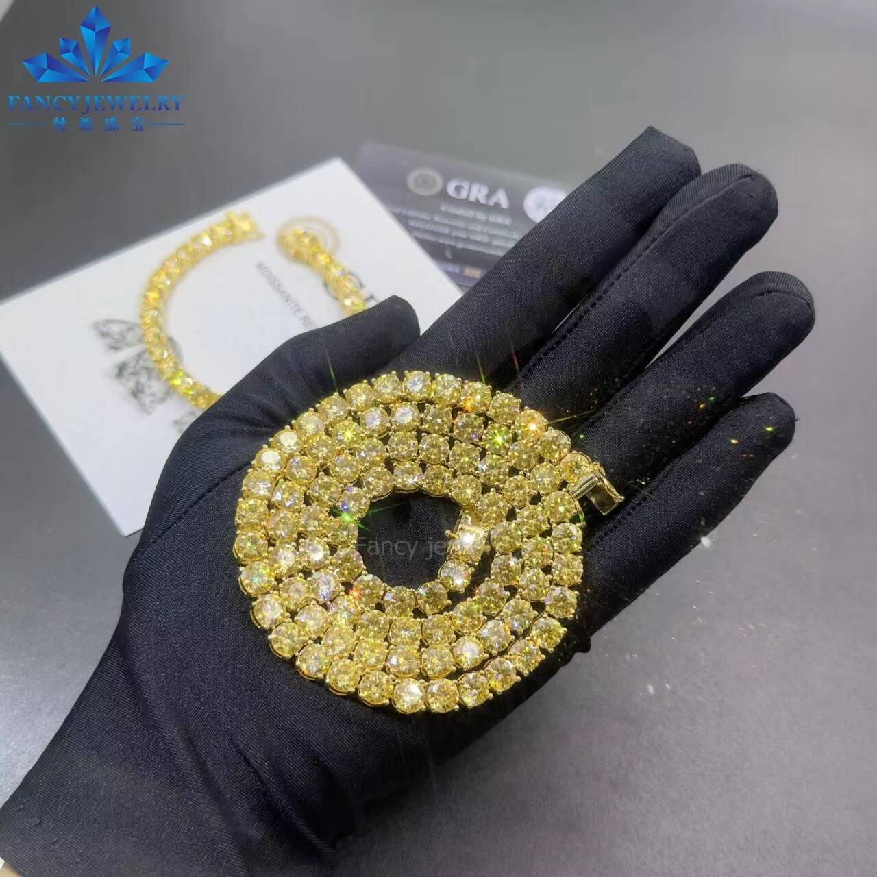 Wholesale Price Yellow Color Moissanite Tennis Chain 925 Silver K Gold Plated 3mm-65mm Sizes Womens Tennis Necklace