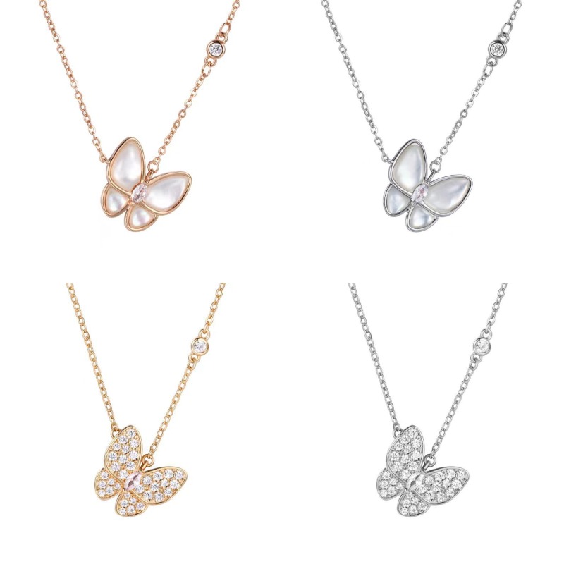 Women's White Mother of Pearl Butterfly Necklace Luxury Trendy Cubic Zirconia Collarbone Chain Elegant Daily Wear Gift for Girlfriend