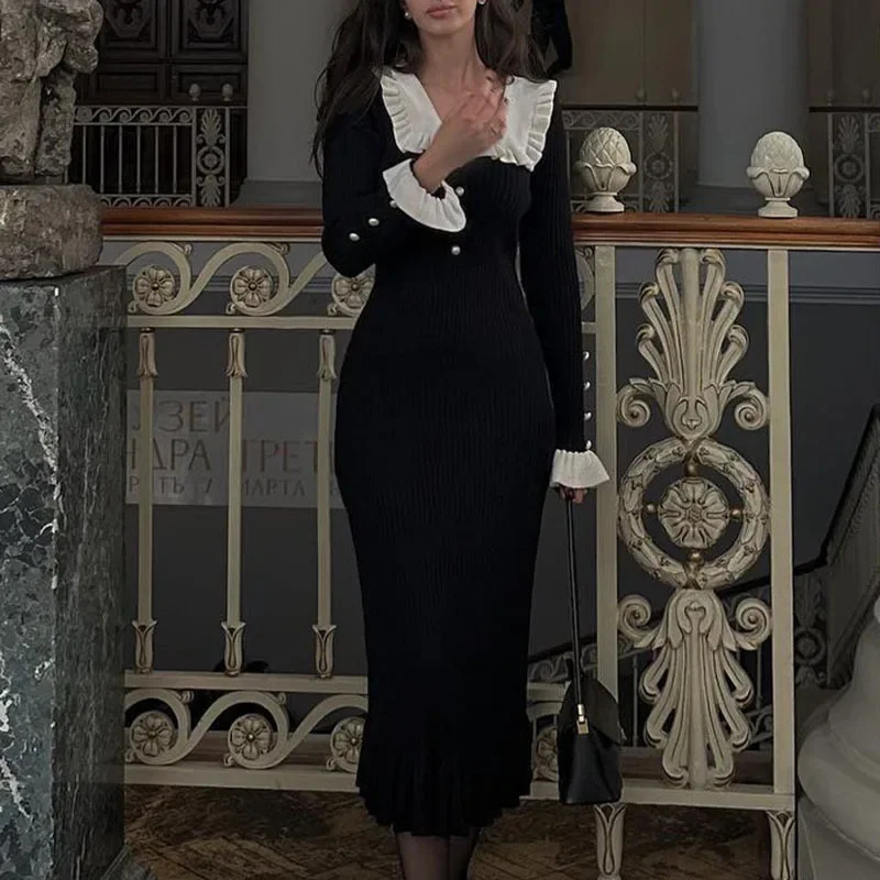 Retro Ladylike Knitted Dress with Lace Hem Autumn Winter Style Full Sleeve Knee Length Midi Dress Polyester Fiber Dress 260112