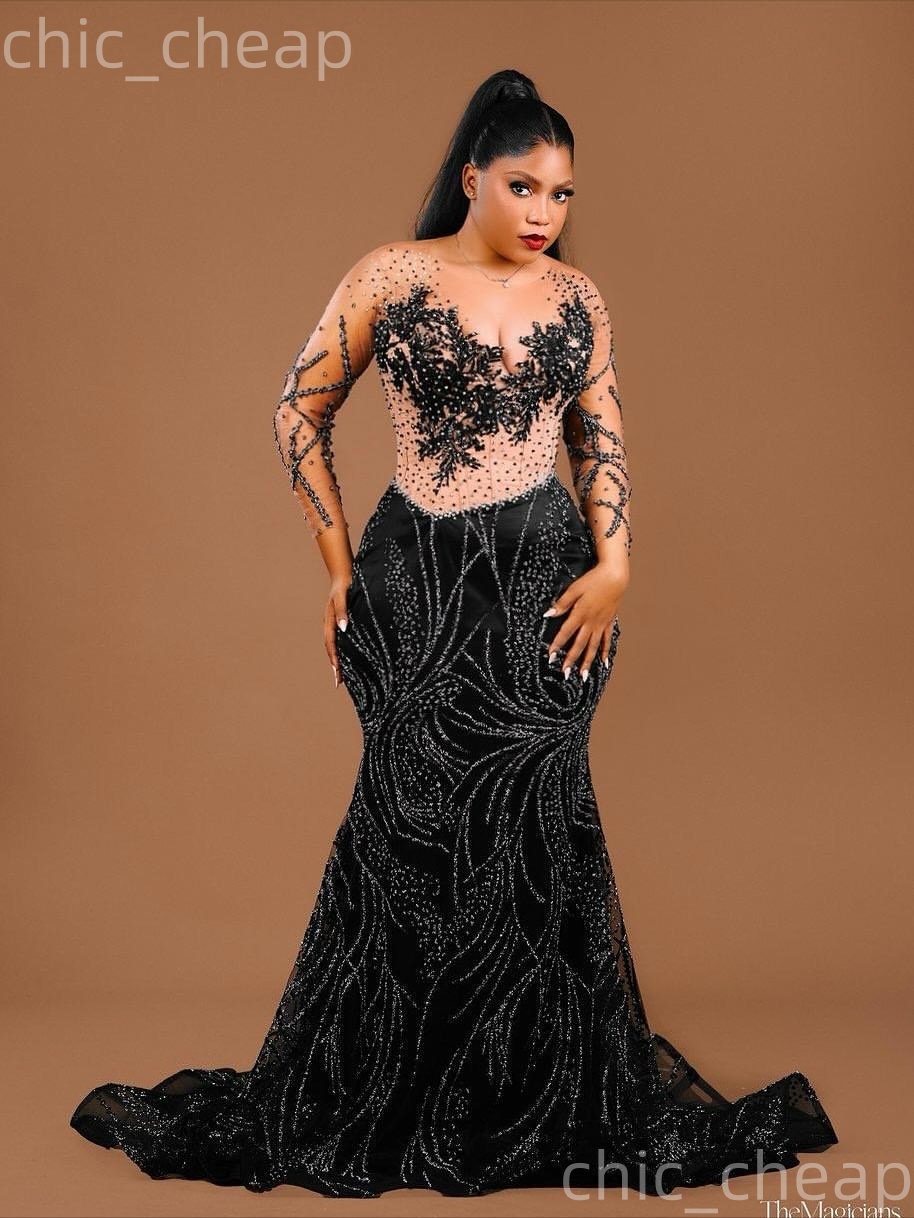 Aso Ebi Black Mermaid Prom Dresses 2026 Beaded Applique Sequined Illusion Evening Formal Party Second Birthday Engagement Gowns Dress For Special Occa