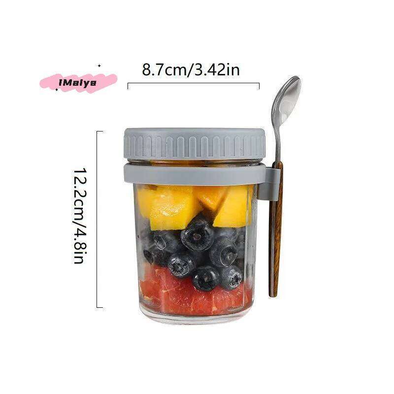 1/2Pcs 350ml Reusable Glass Overnight Oats Jar with Spoon Oatmeal Container Food Storage Organizer for Breakfast