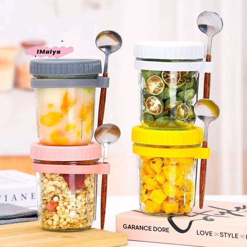 1/2Pcs 350ml Reusable Glass Overnight Oats Jar with Spoon Oatmeal Container Food Storage Organizer for Breakfast