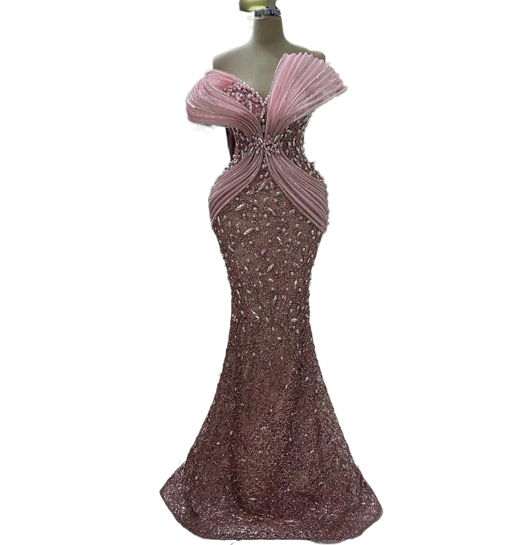 Plus Size Dusty rose Pink Prom Dresses for Black Women Promdress Illusion Beaded Lace Pearls Rhinestones Decorated Birthday Party Dress Second Recepti