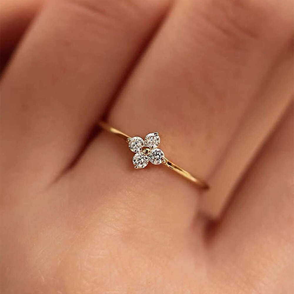 Light Luxury Zircon Ring French Style Four-Leaf Clover Micro Inlaid Unique Trendy Jewelry In Stock Daily Wear