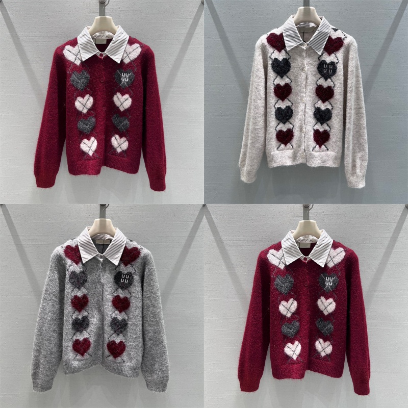 Women Heart Embroidered Cardigan Preppy Style Polo Collar Sweater Coat Autumn Winter Cozy Knit Outerwear