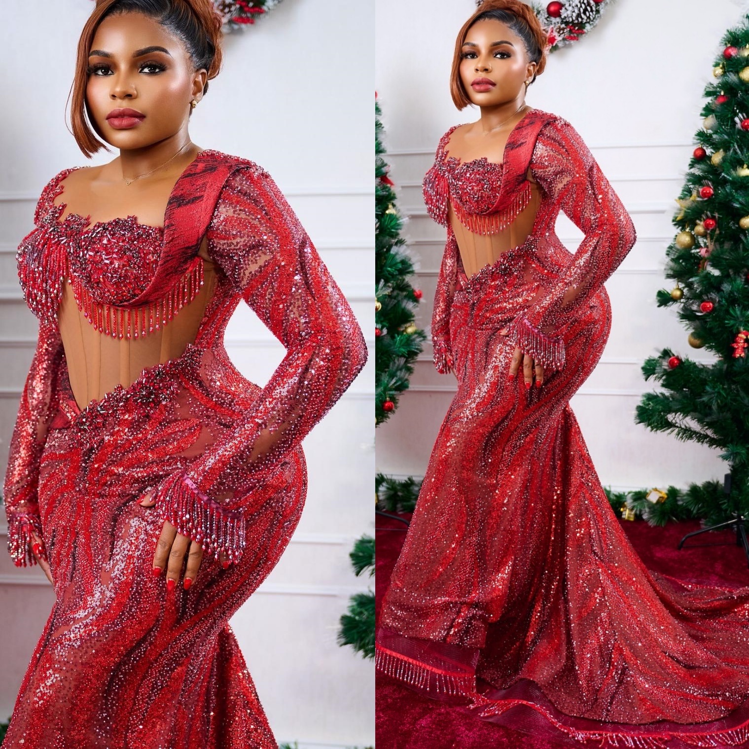 Aso Ebi Dark Red Mermaid Prom Dresses 2026 Beaded Crystals Sequined Tassels Evening Formal Party Second Birthday Engagement Gowns Dress For Special Oc
