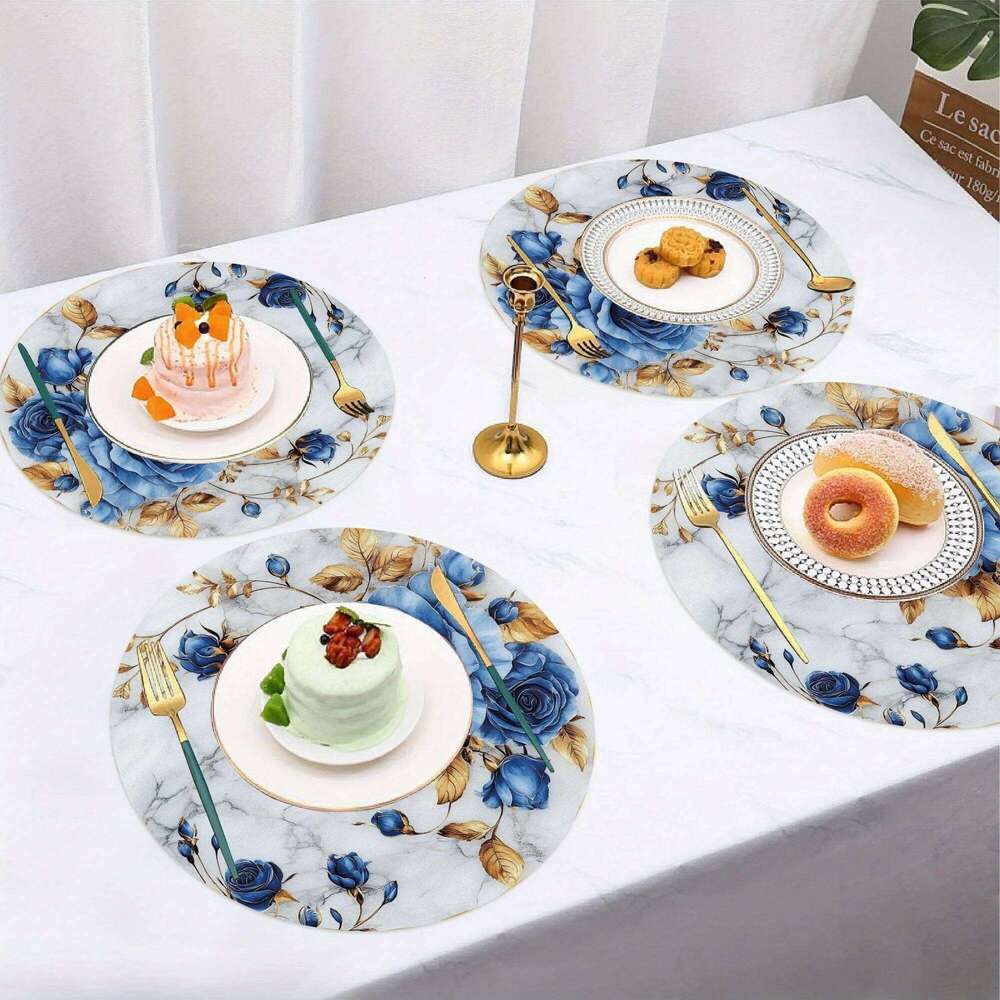 Set Of Blue Rose Patterned Round Heat Resistant Modern Art Style Decorative Placemats Table Decoration