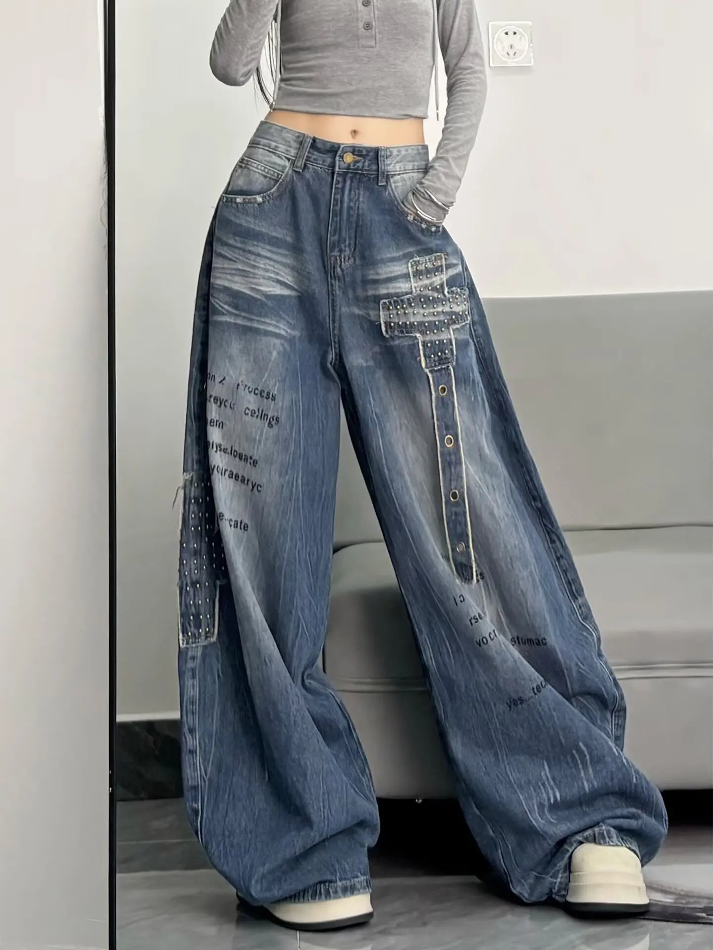 American high street floor embroidered denim retro womens autumn waisted loose wide leg pants Y2K straight 260113 - view 5