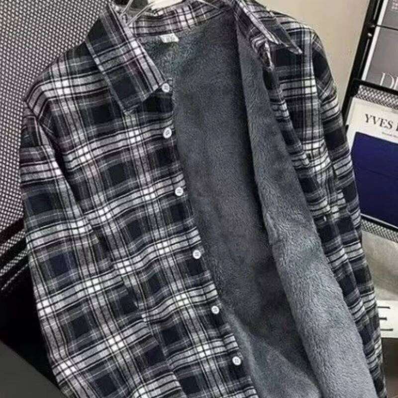 Men's Fleece Shirt Winter Thickened Long Sleeve Warm Shirts Black White Plaid Casual Button with Pocket All Matching Tops Coats 26L0113