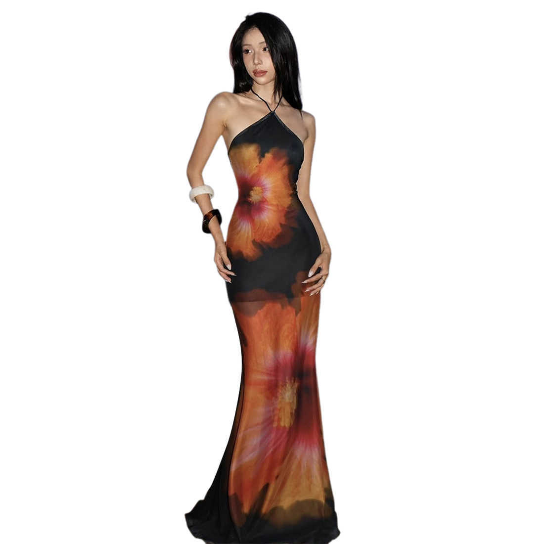 2025 Summer New Womens Fashion Spaghetti Strap Halter Neck Printed Waist Slimming Trendy Dress T260113