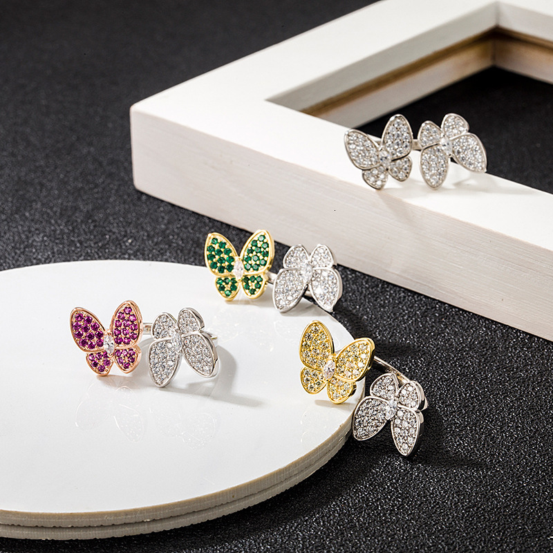 S925 Sterling Silver Double Butterfly with Inlaid Diamonds, Two-tone, European and American Style, Versatile, Trendy, Same Style as Influencers, Women