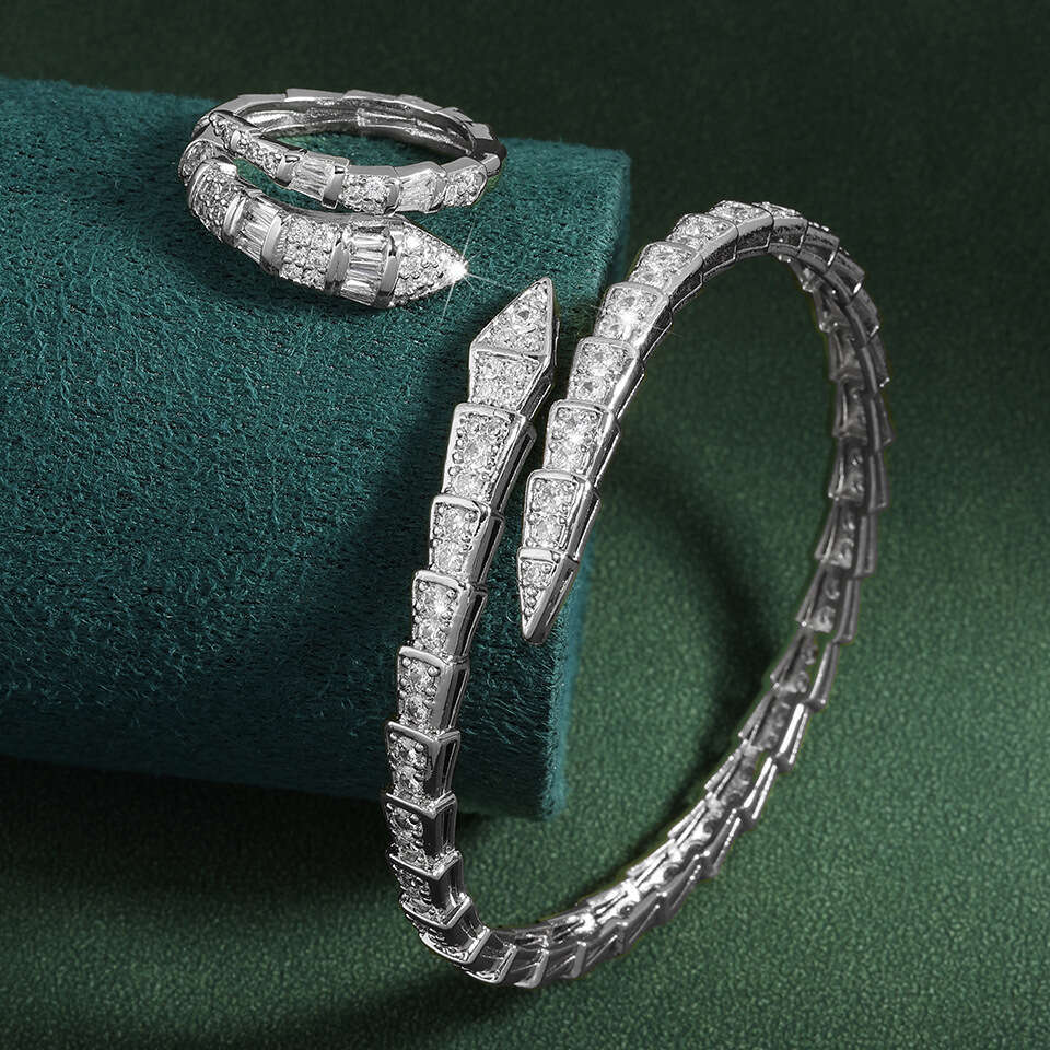 New Micro-Inlaid Zircon Bracelet Light Luxury Full Diamond Snake Bone Spring Open Fashion Women's Ring Jewelry