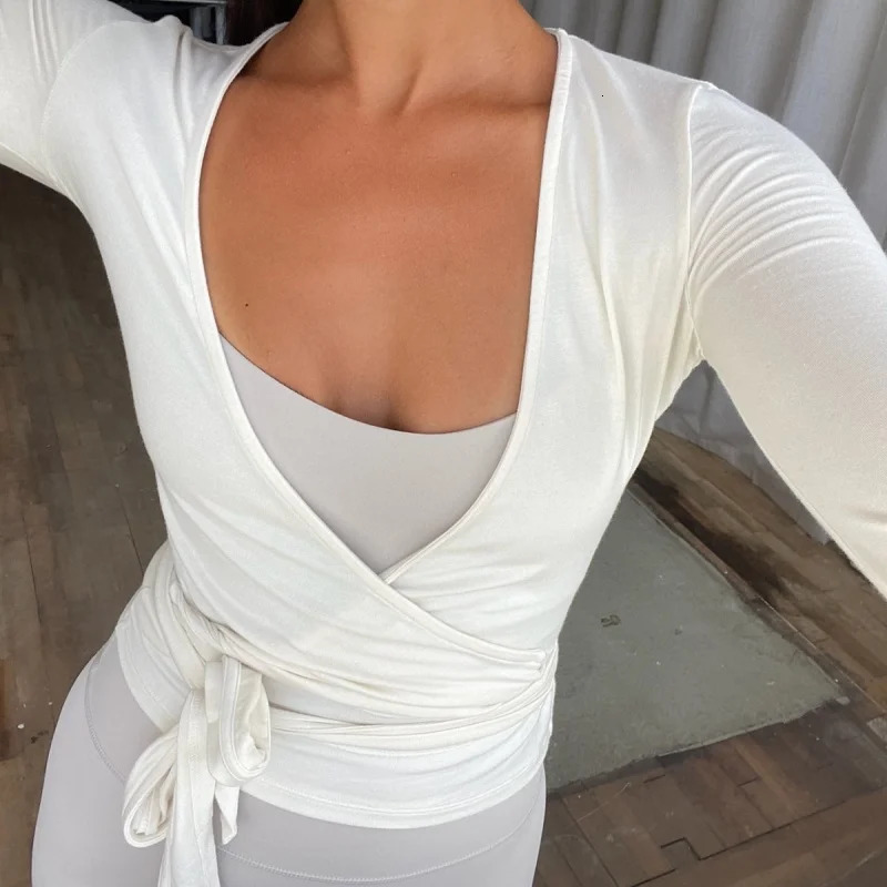 Y2k Ballet Pilates Wrap Top for Women Workout Yoga Dance Long Sleeve Wrap Shirt Slim Tie Front Going Out Crop Tops 260112 - view 3