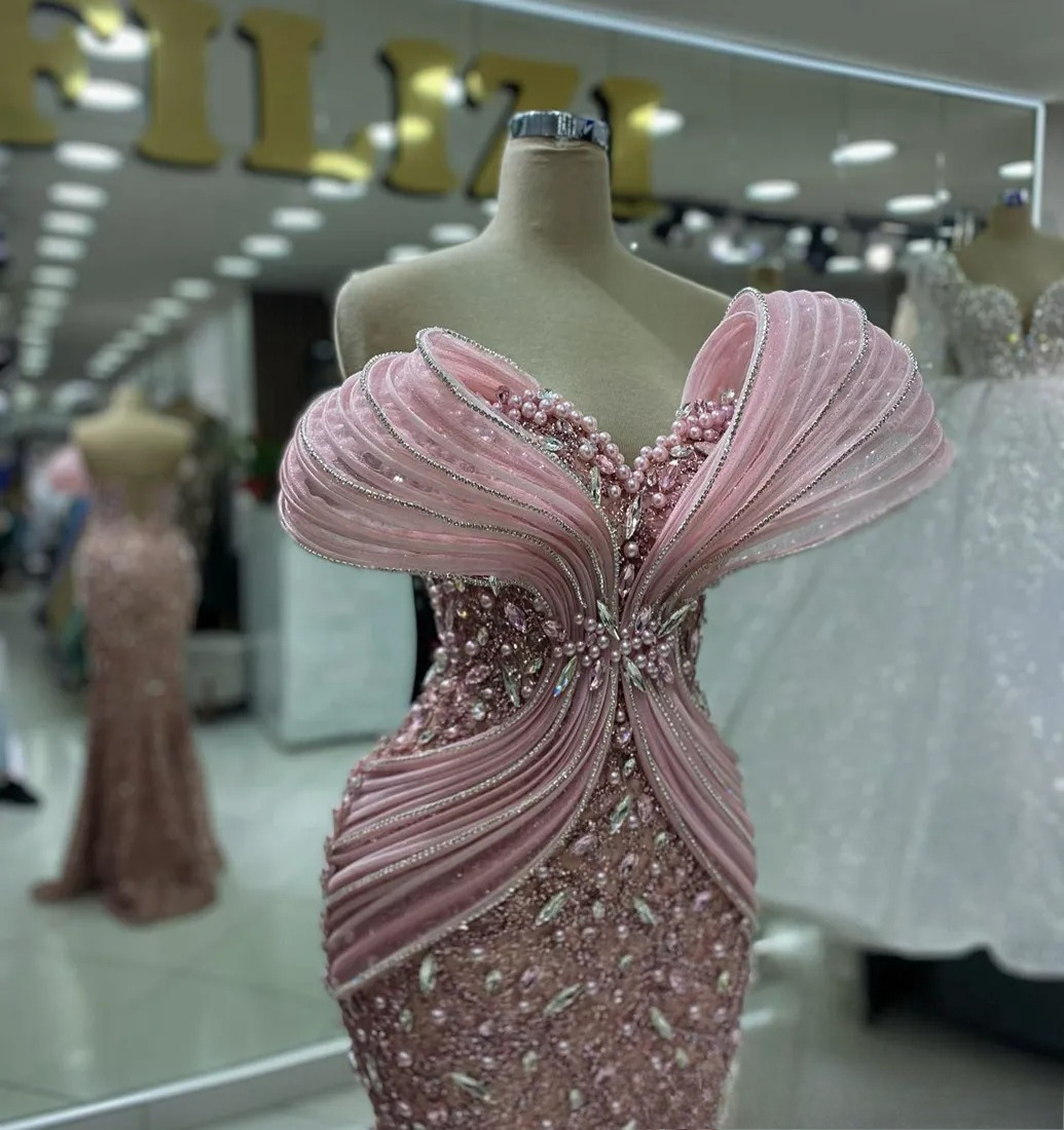Plus Size Dusty rose Pink Prom Dresses for Black Women Promdress Illusion Beaded Lace Pearls Rhinestones Decorated Birthday Party Dress Second Recepti
