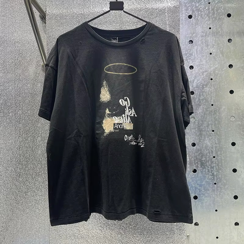 Hip Hop Letters Graffiti Vintage Washed Black Damaged Hole T-Shirt Men Women Graphics Rhinestone T Shirt Cotton Tee