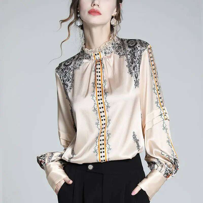 Silk Luxury Brand Shirts Lace Collar Long Sleeve Vintage Office Lady Blouse Print Women Clothing LEEGO LENS